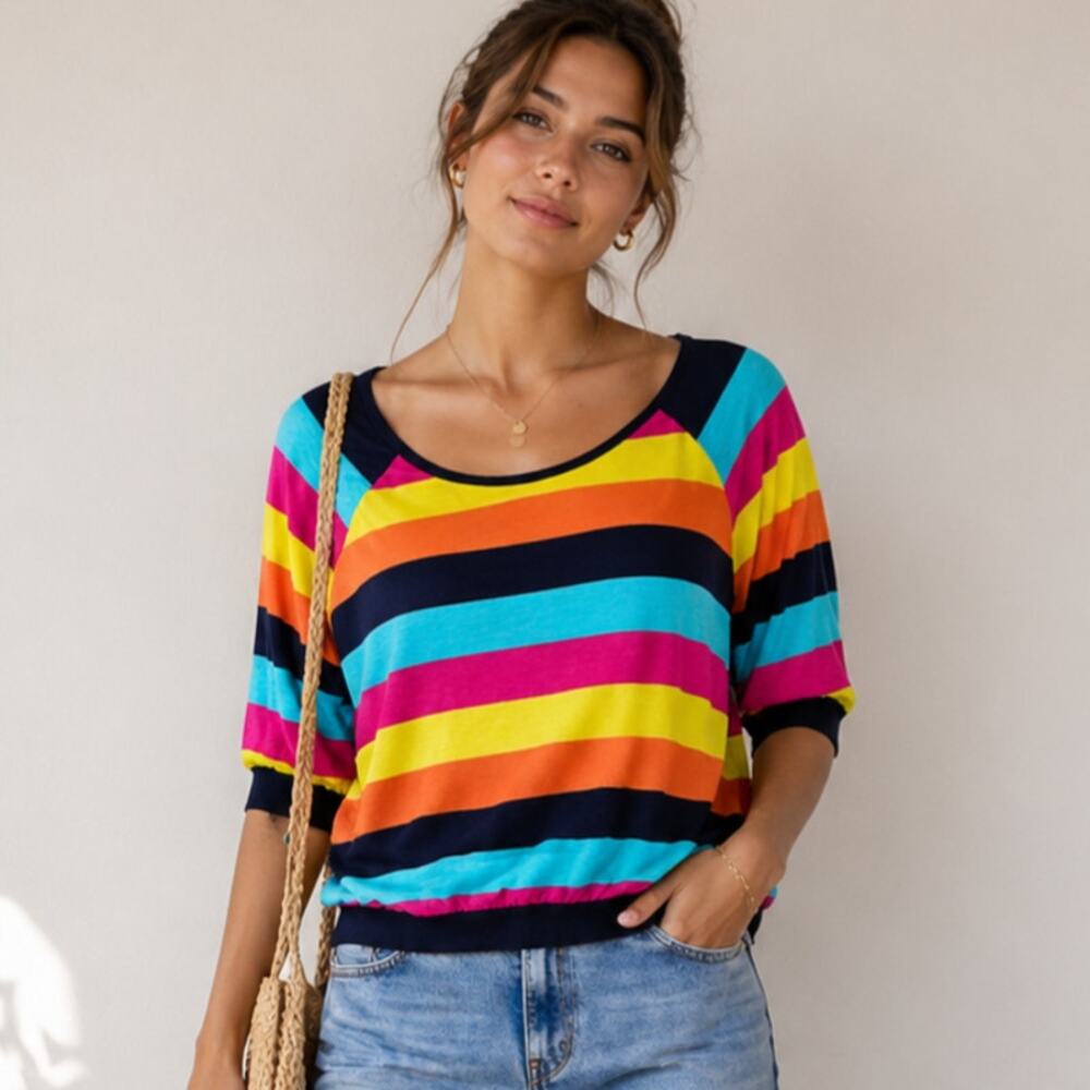 Annabelle 3/4 Sleeve Top Multicolor Striped Made in USA Vintage Size XL Colorful